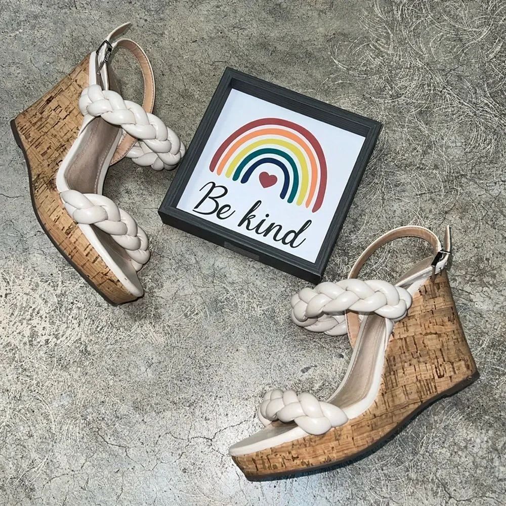* Schutz cream, leather, cork wedges